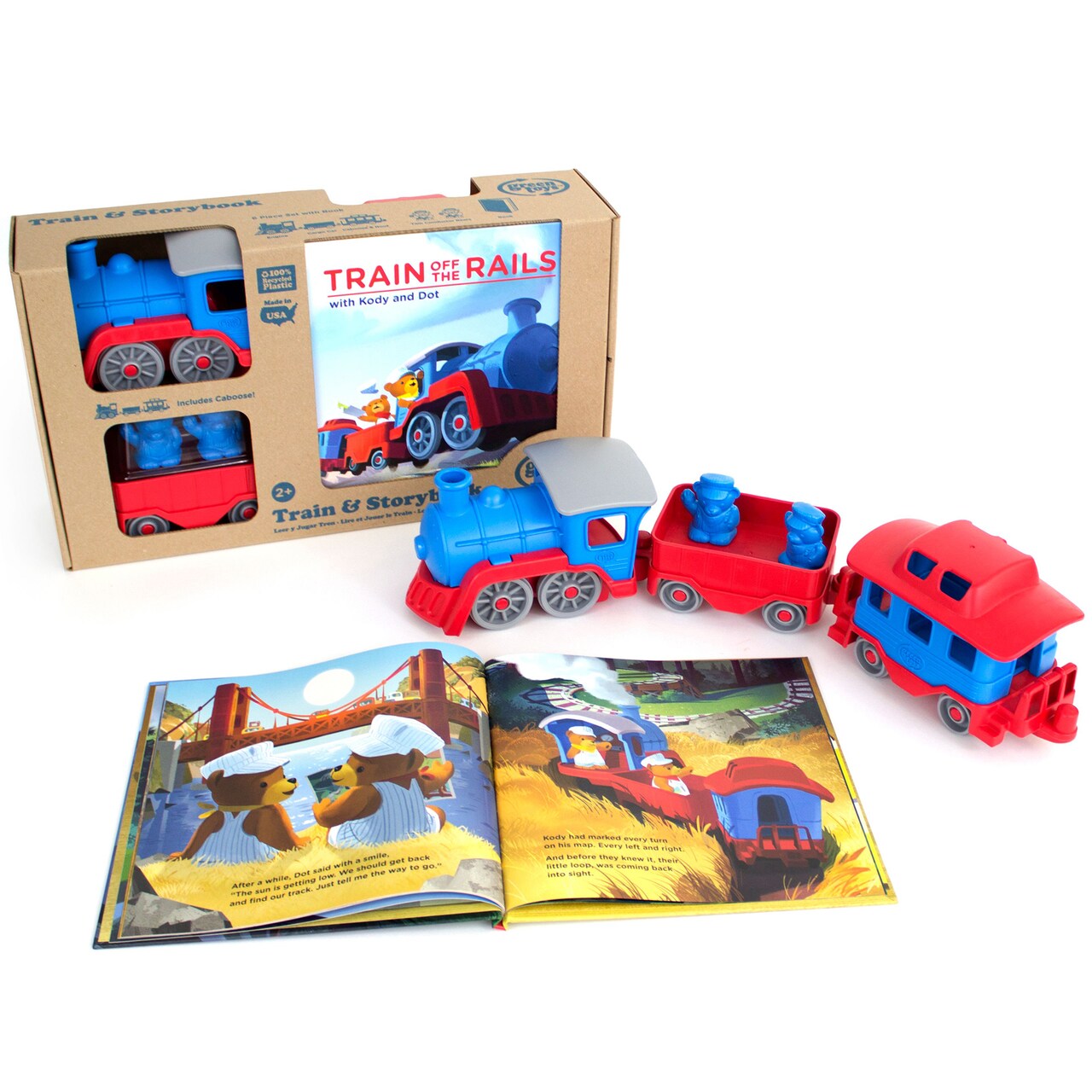 Green Toys: Train & Board Book Set - Red & Blue Rail Vehicle & Illustrated Board Book, 2 Bear Animal Characters, Recycled Material, Kids-Toddlers 2+